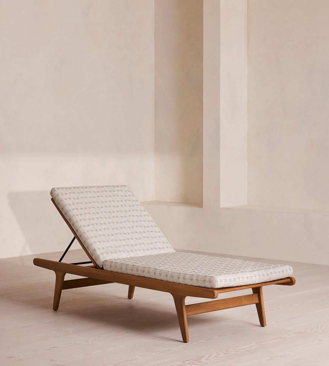 Noah Outdoor Chaise Lounger, Teak Frame with Geometric Fabric Cushions