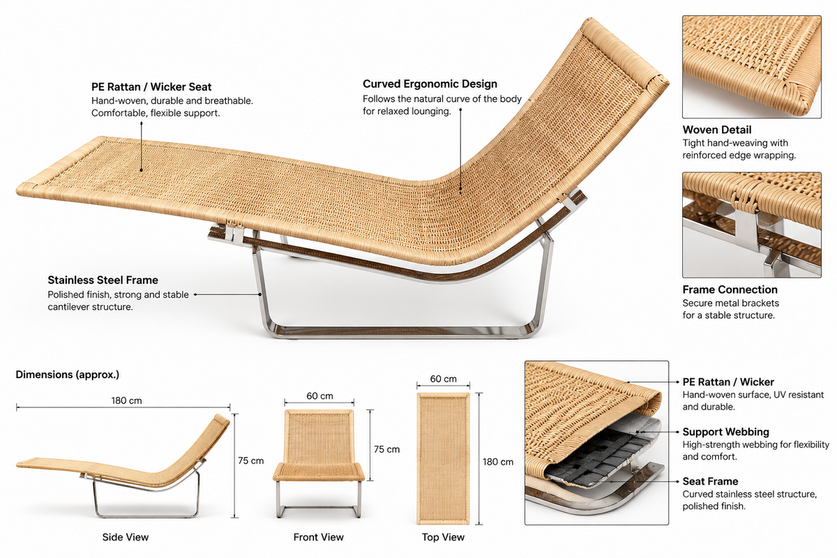 Premium Reproduction of PK24 Wicker Lounge Chair – Mid-Century Modern Chaise Longue
