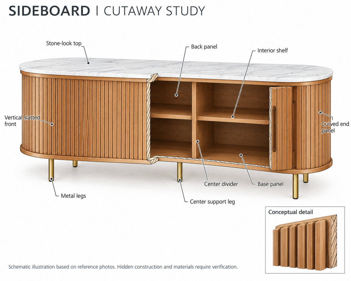 Castlery Harper Style Tamboured Marble TV Stand - Mid Century Modern Curved Wood Slat Entertainment Center & Sideboard Credenza
