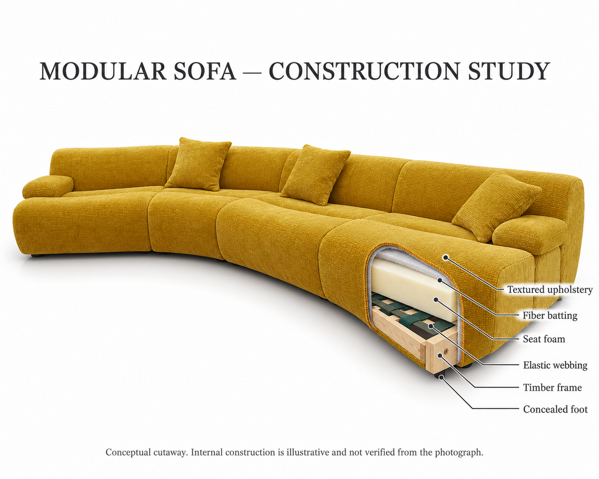 Ernest Sofa Replica - Mustard Yellow Curved Corduroy Sectional Sofa, Modern Modular 4-Seat Couch for Luxury Living Room
