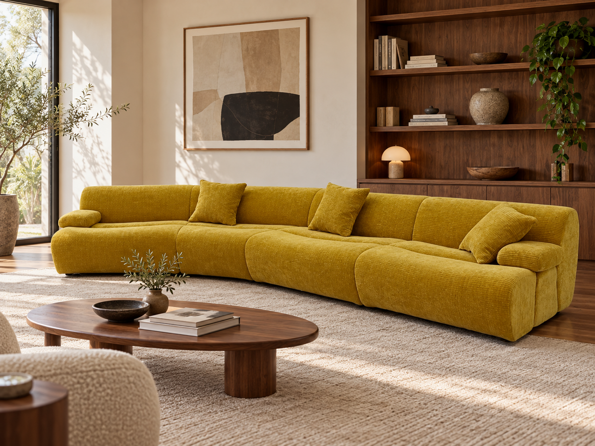 Ernest Sofa Replica - Mustard Yellow Curved Corduroy Sectional Sofa, Modern Modular 4-Seat Couch for Luxury Living Room