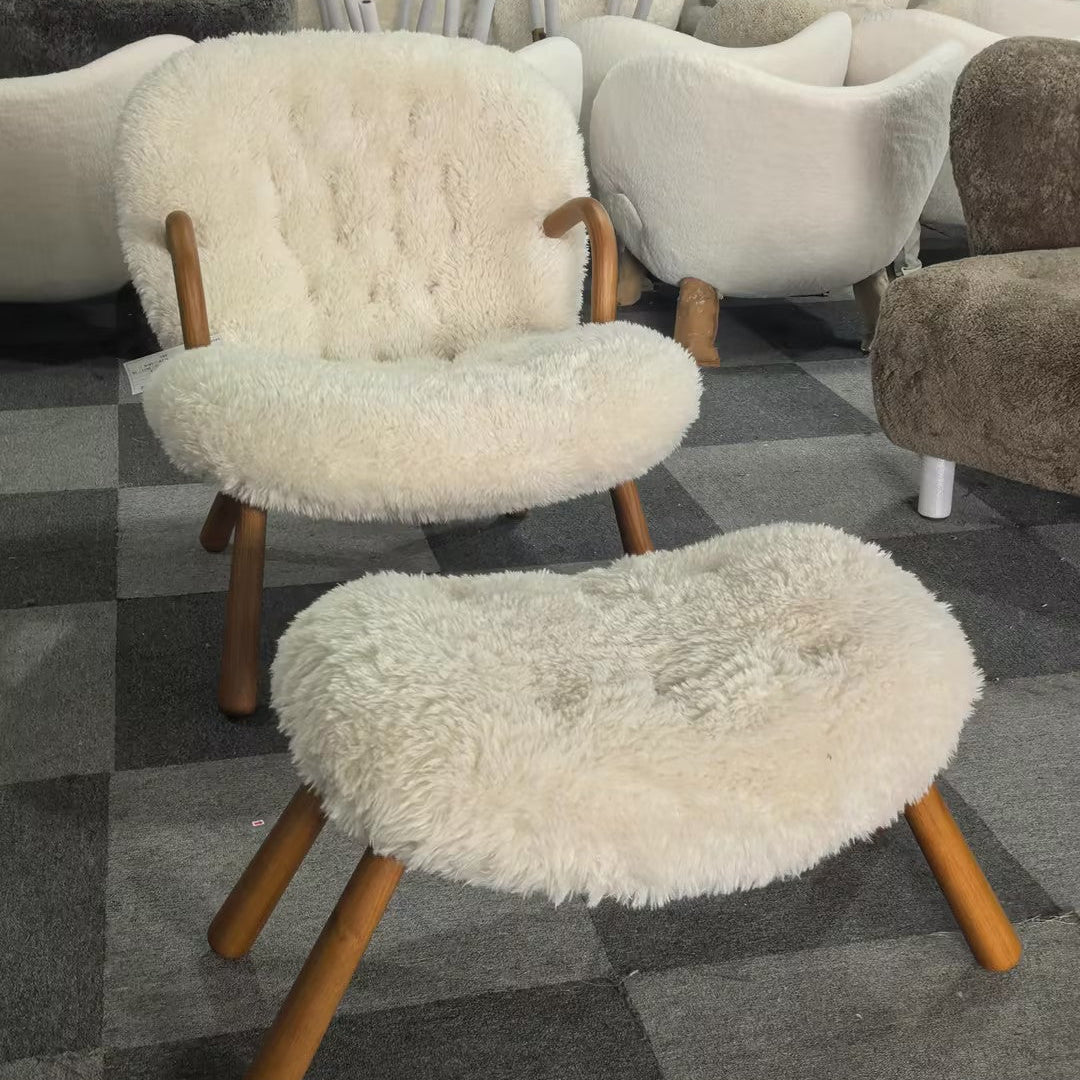 Arctander Clam Chair & Matching Ottoman | Vintara Design Mid-Century Modern Sherpa Lounge Set