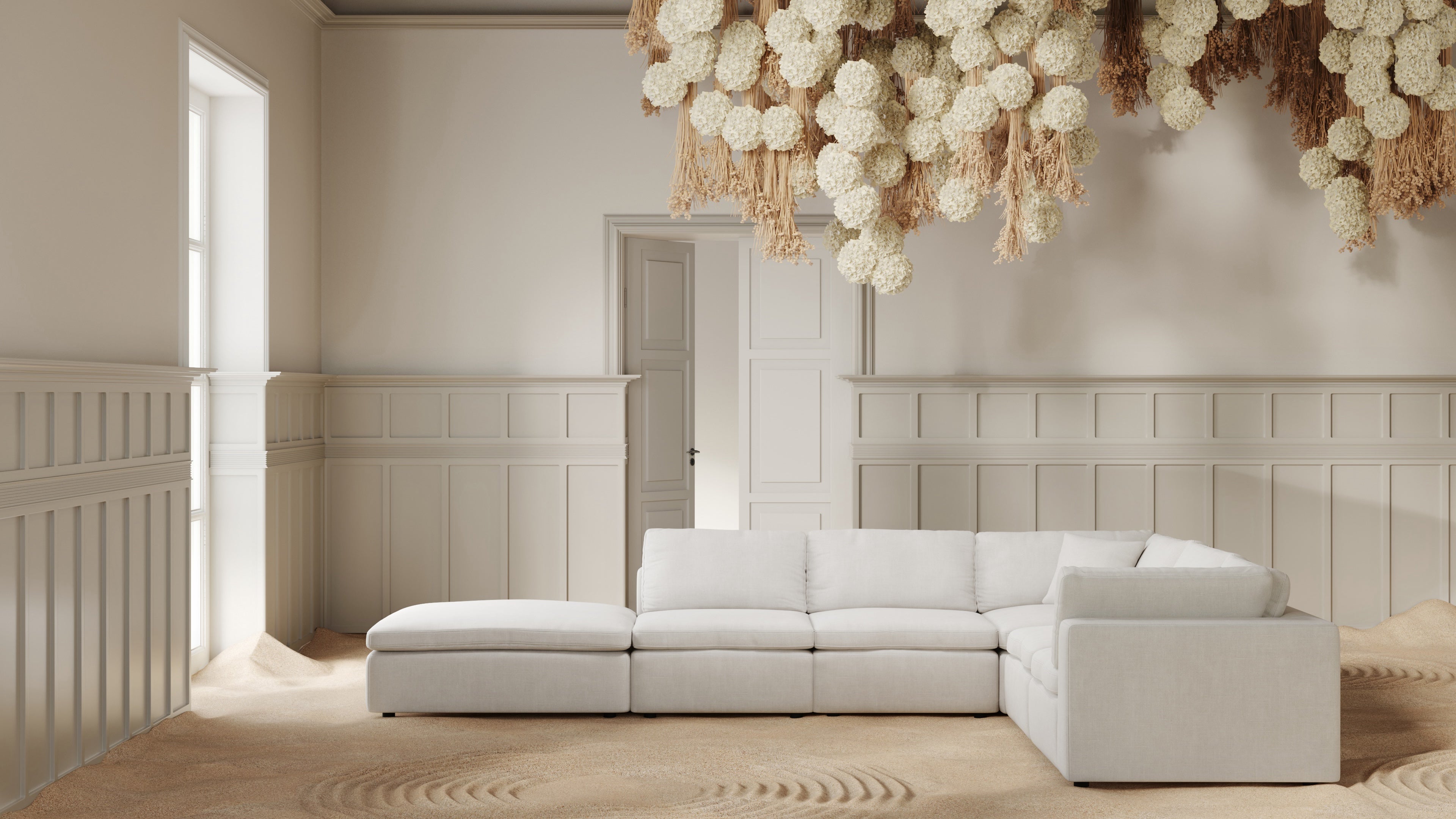 Modern living room furniture featuring a modular cloud sofa for versatile setups.