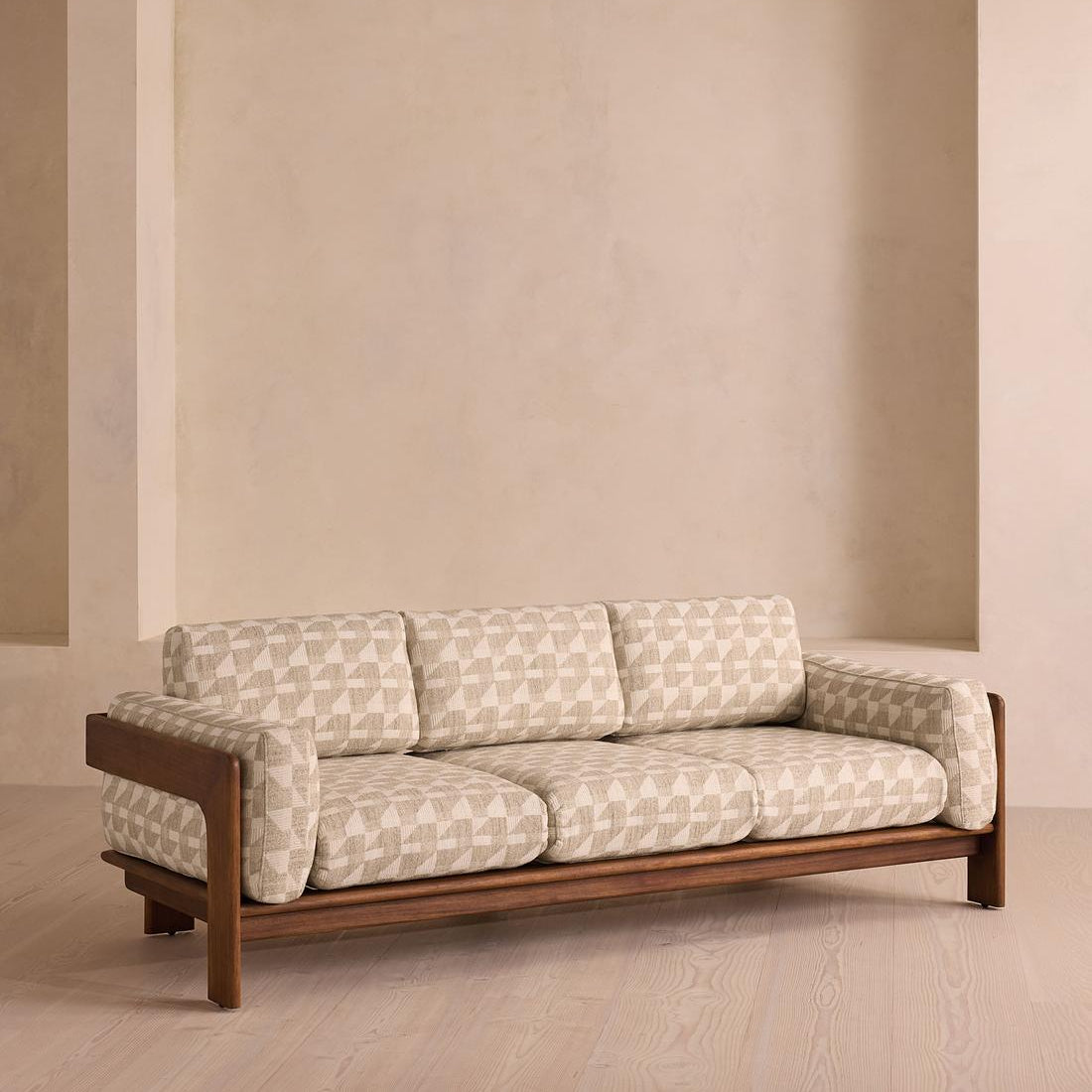 Marcia Geometric 3-Seater Sofa, Natural Fabric & Solid Wood Frame