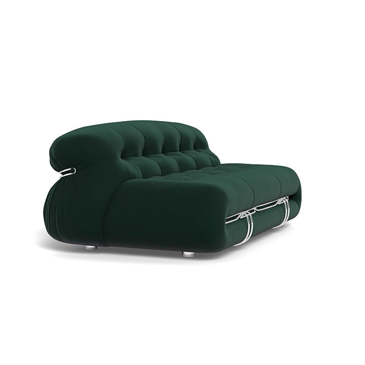 Elegant Soriana loveseat with unique metal structure and soft velvet upholstery.