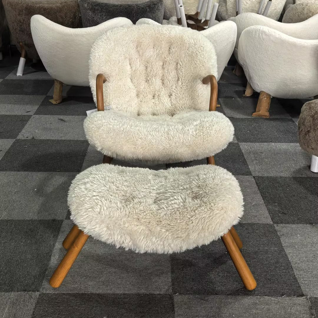 Arctander Clam Chair & Matching Ottoman | Vintara Design Mid-Century Modern Sherpa Lounge Set