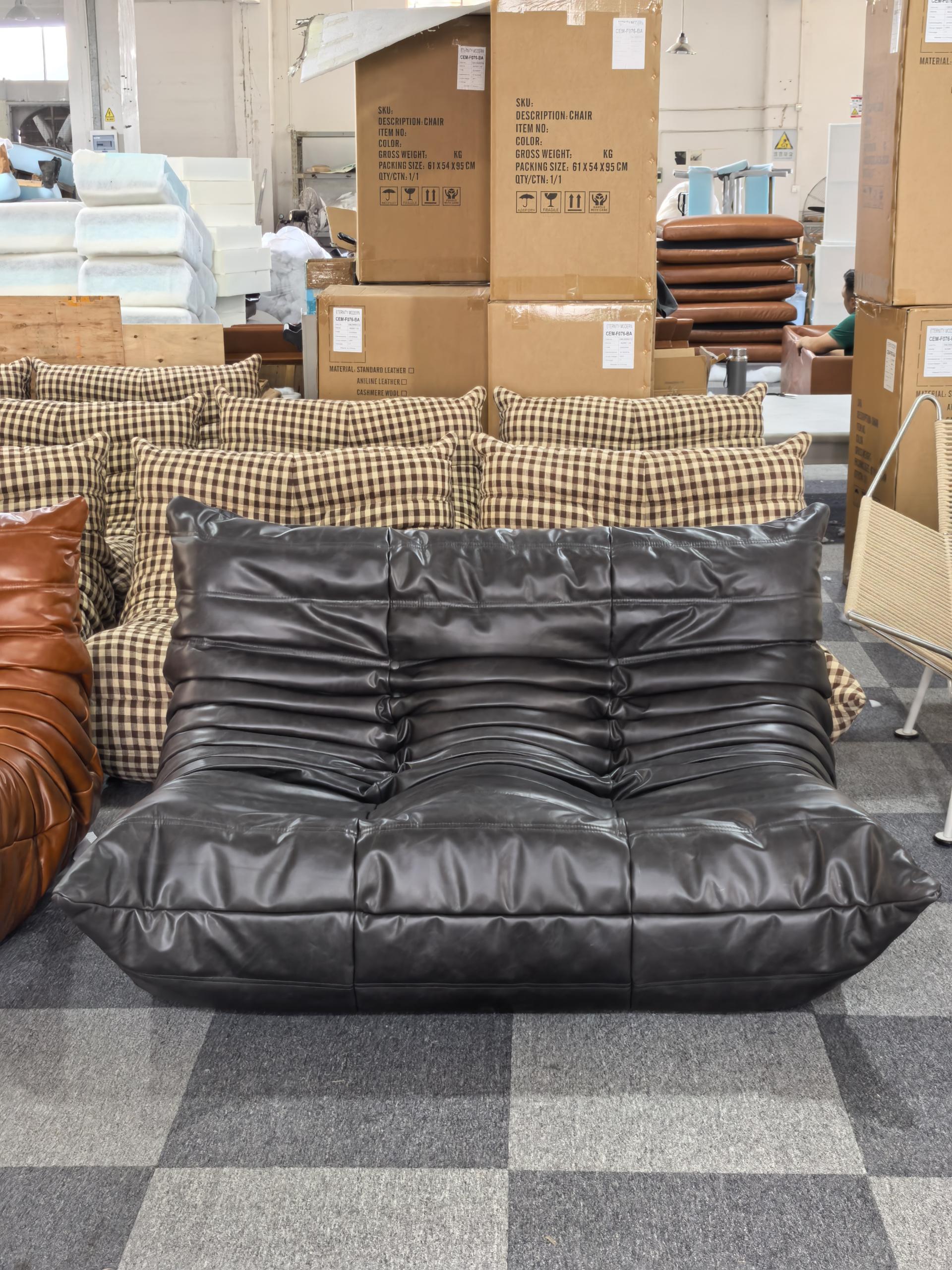 70s Modern Black Aniline Leather Togo Loveseat