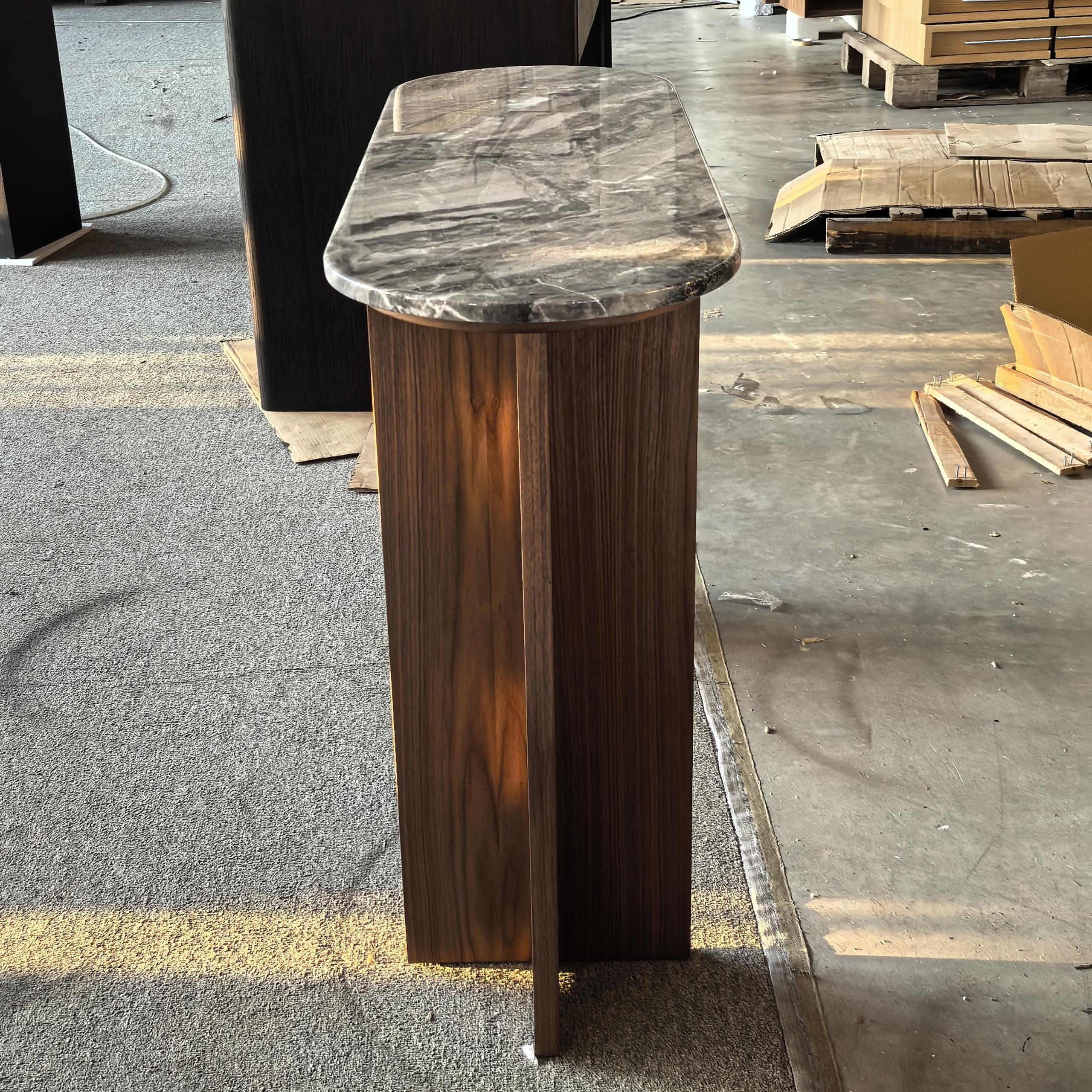 Oval Marble Top Console Table | Dark Walnut Entryway Console with Soft-Close Drawer