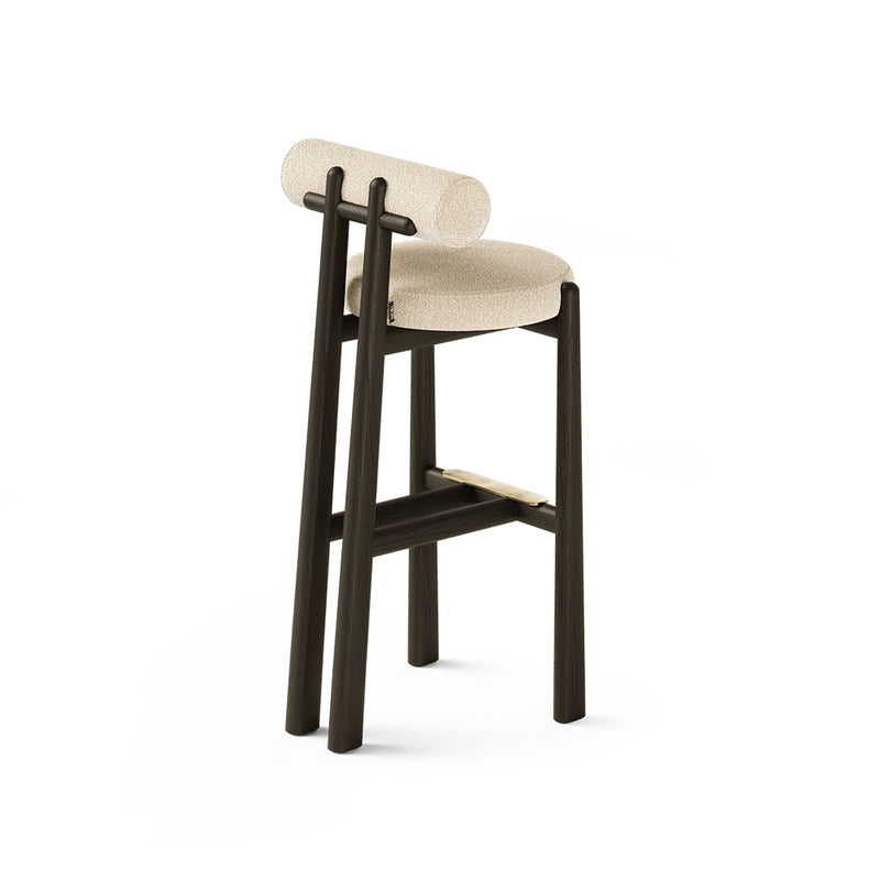 Modern Bouclé Bar Stool | Dark Wood Frame with Brass Footrest & Backrest Counter Stool
