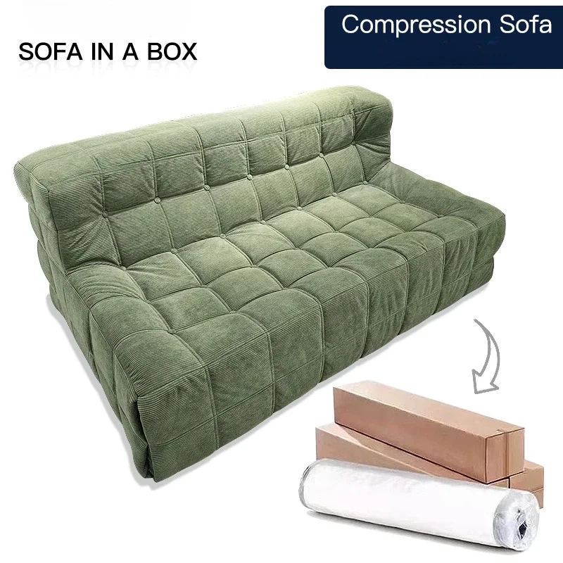 Compressed Olive Green Tufted Modular Sofa | Vintara Design – Compact Grid-Pattern Couch