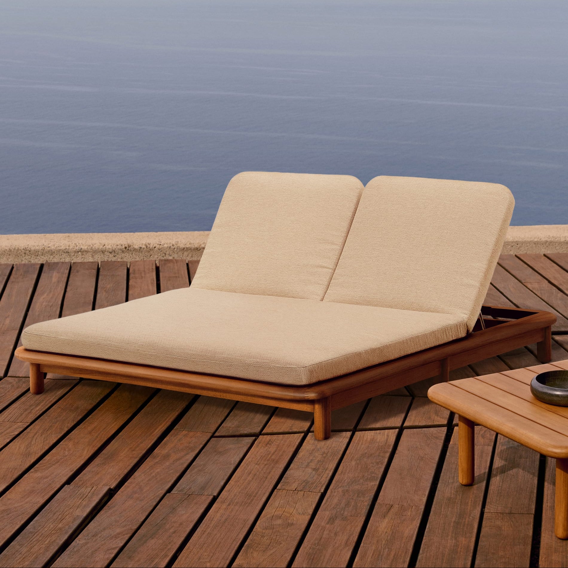Turqueta Double Sun Lounger, Natural Wood Frame with Beige Cushions