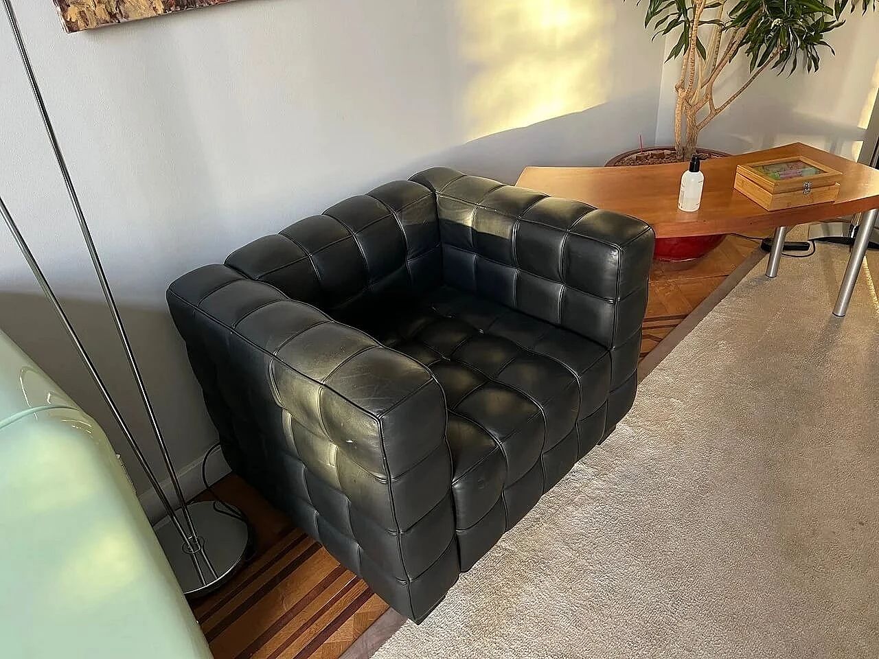 Kubus Black Leather Armchair by Josef Hoffmann