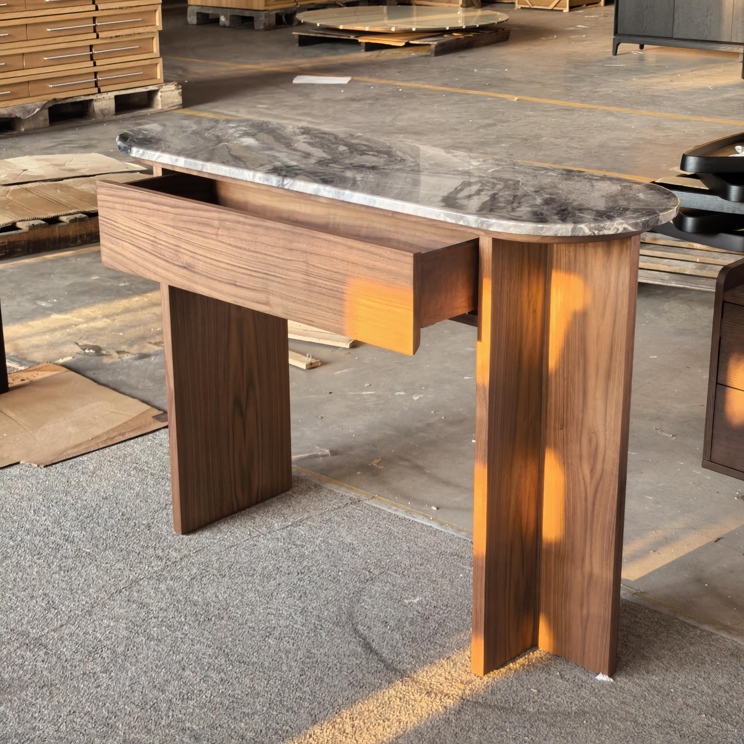 Oval Marble Top Console Table | Dark Walnut Entryway Console with Soft-Close Drawer