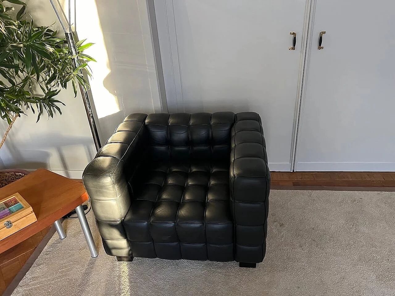 Kubus Black Leather Armchair by Josef Hoffmann