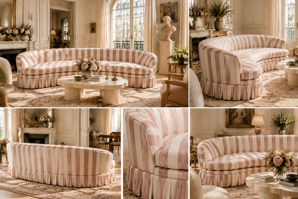 Bröderna Andersson Style Pink & White Striped Curved Crescent Sofa