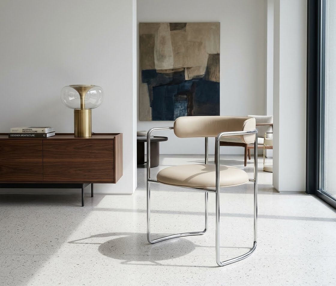Horst Brüning for Kill International Style Chrome Barrel Chair, Mid-Century Modern Leather Dining Chair Recreation