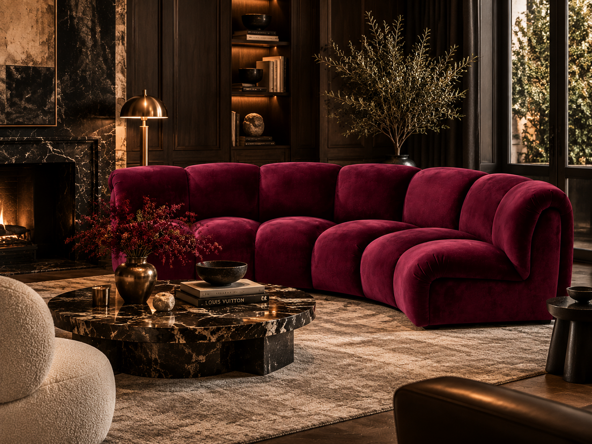 Micadoni Lupine Style Modular Curved Velvet Sofa | Modern Luxury Custom Sectional Couch with Wave Silhouette - Burgundy Red