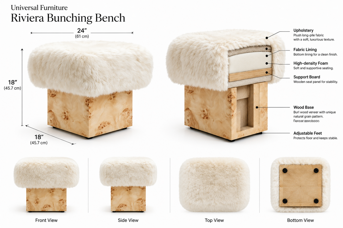 Universal Furniture Riviera Bunching Bench - White Faux Fur & Mappa Burl Wood Ottoman