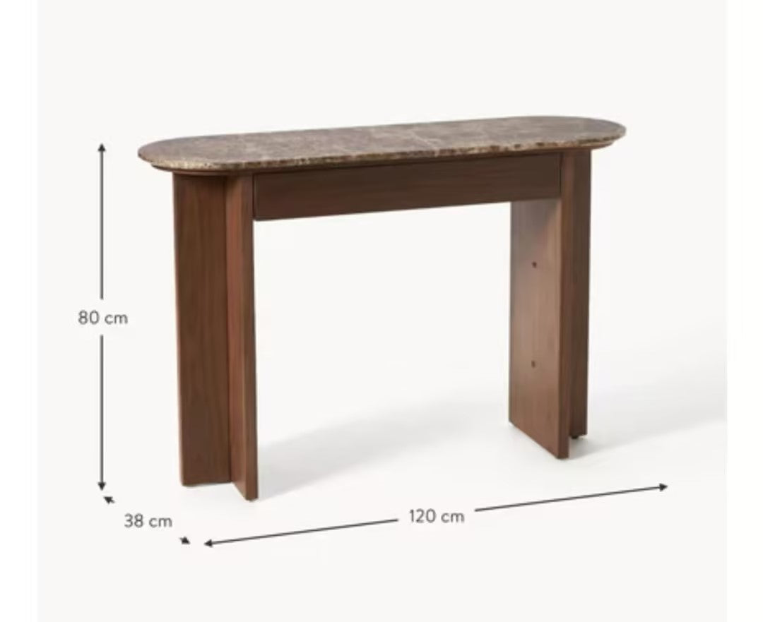 Oval Marble Top Console Table | Dark Walnut Entryway Console with Soft-Close Drawer