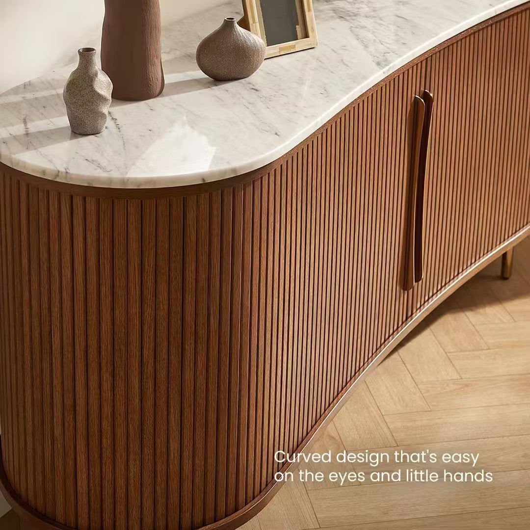 Castlery Harper Style Tamboured Marble TV Stand - Mid Century Modern Curved Wood Slat Entertainment Center & Sideboard Credenza