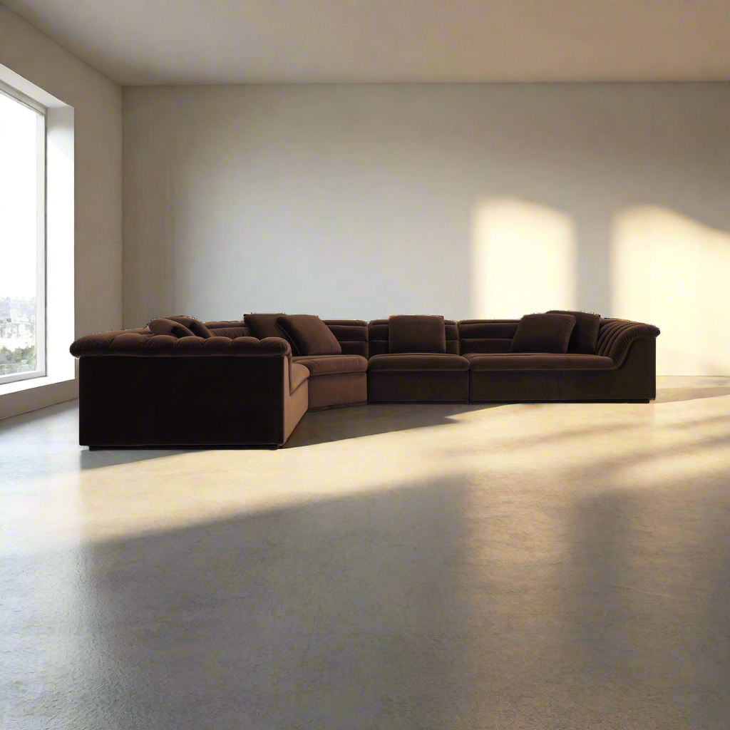 Float curved sectional sofa with horizontal puffy channeling