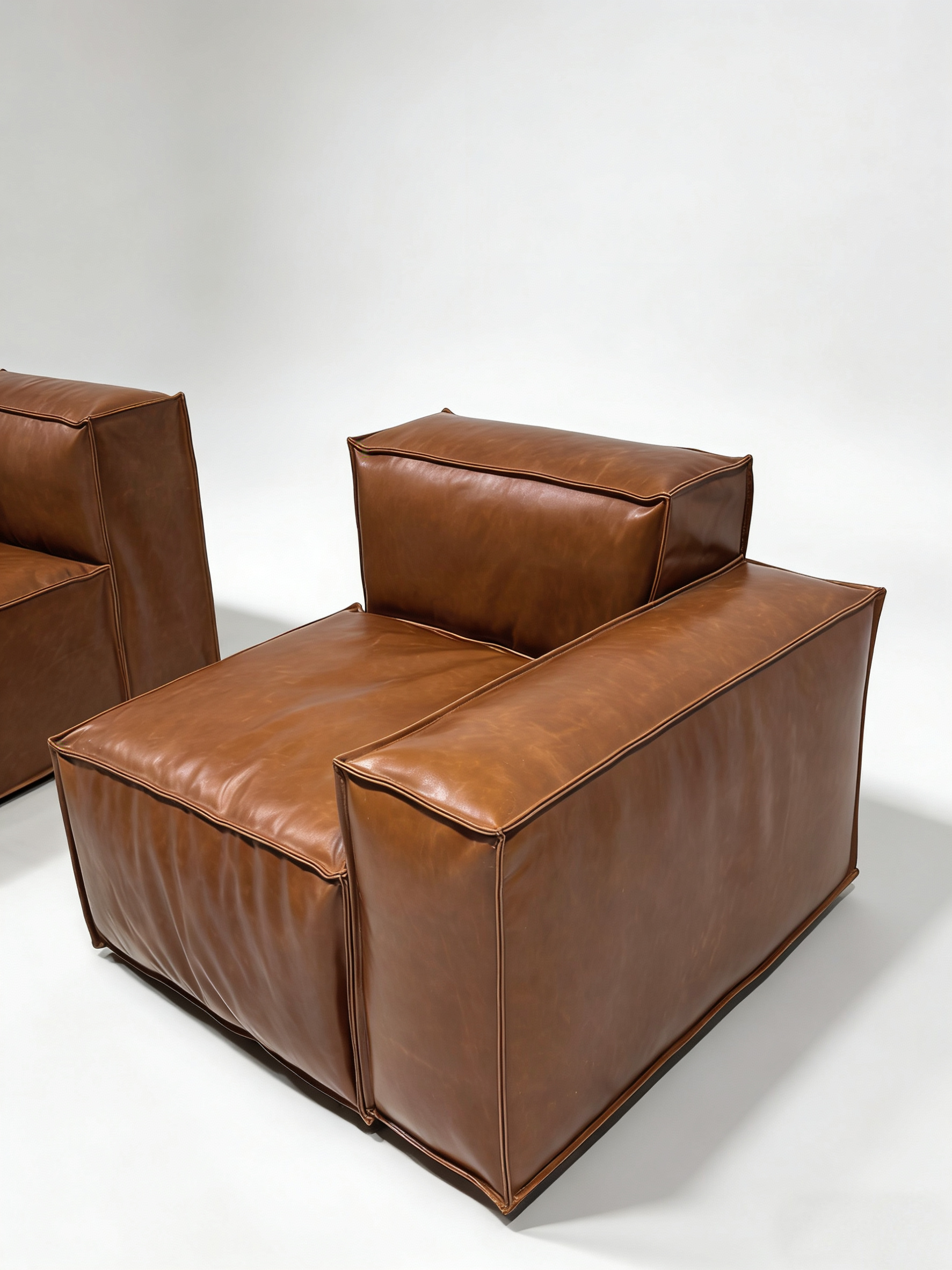 Elephant Ear Brown Leather Modular Sectional Sofa | Mid-Century Modern Top-Grain Leather Couch