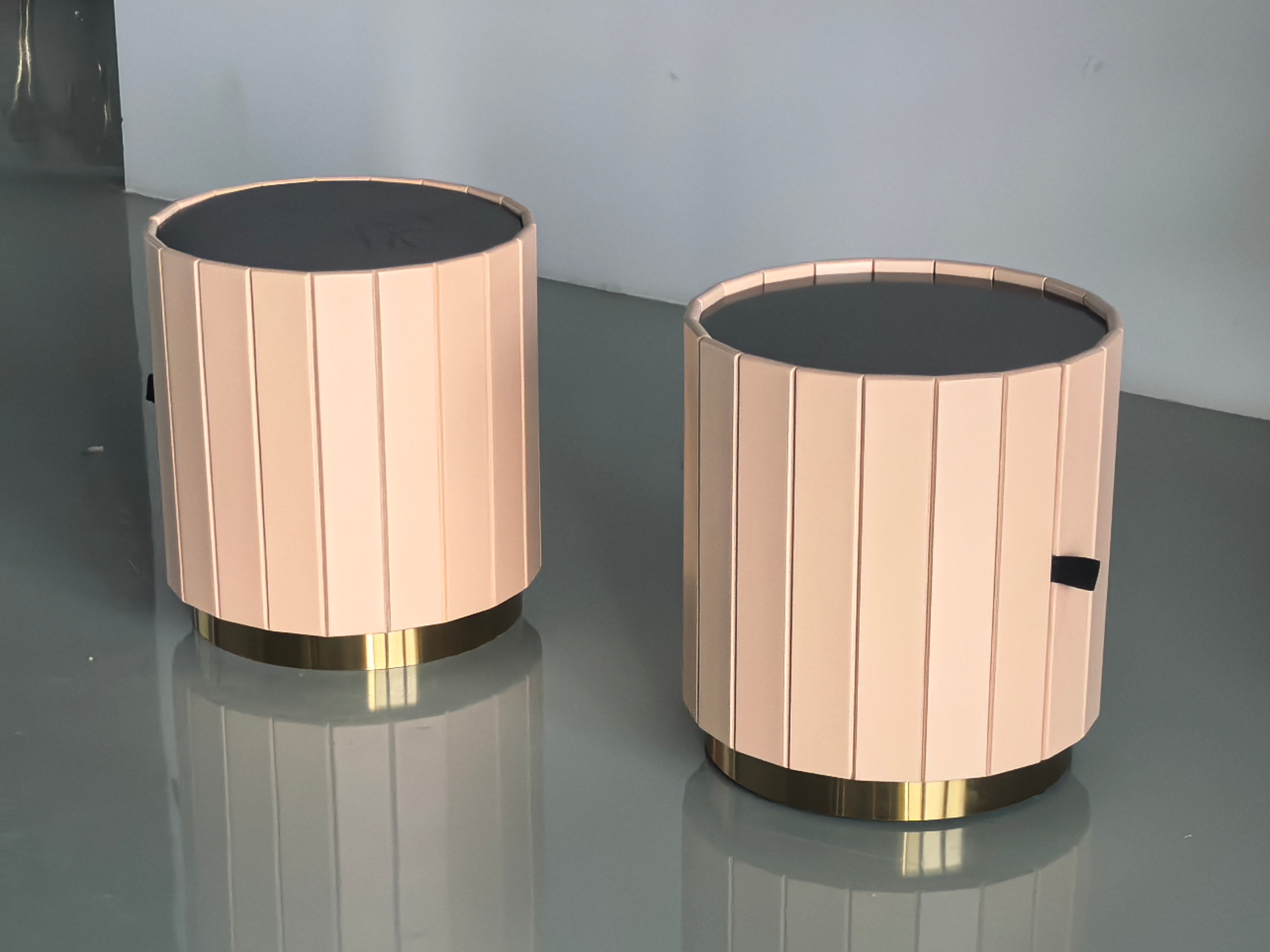 Modern Round Leather Nightstand with Gold Base