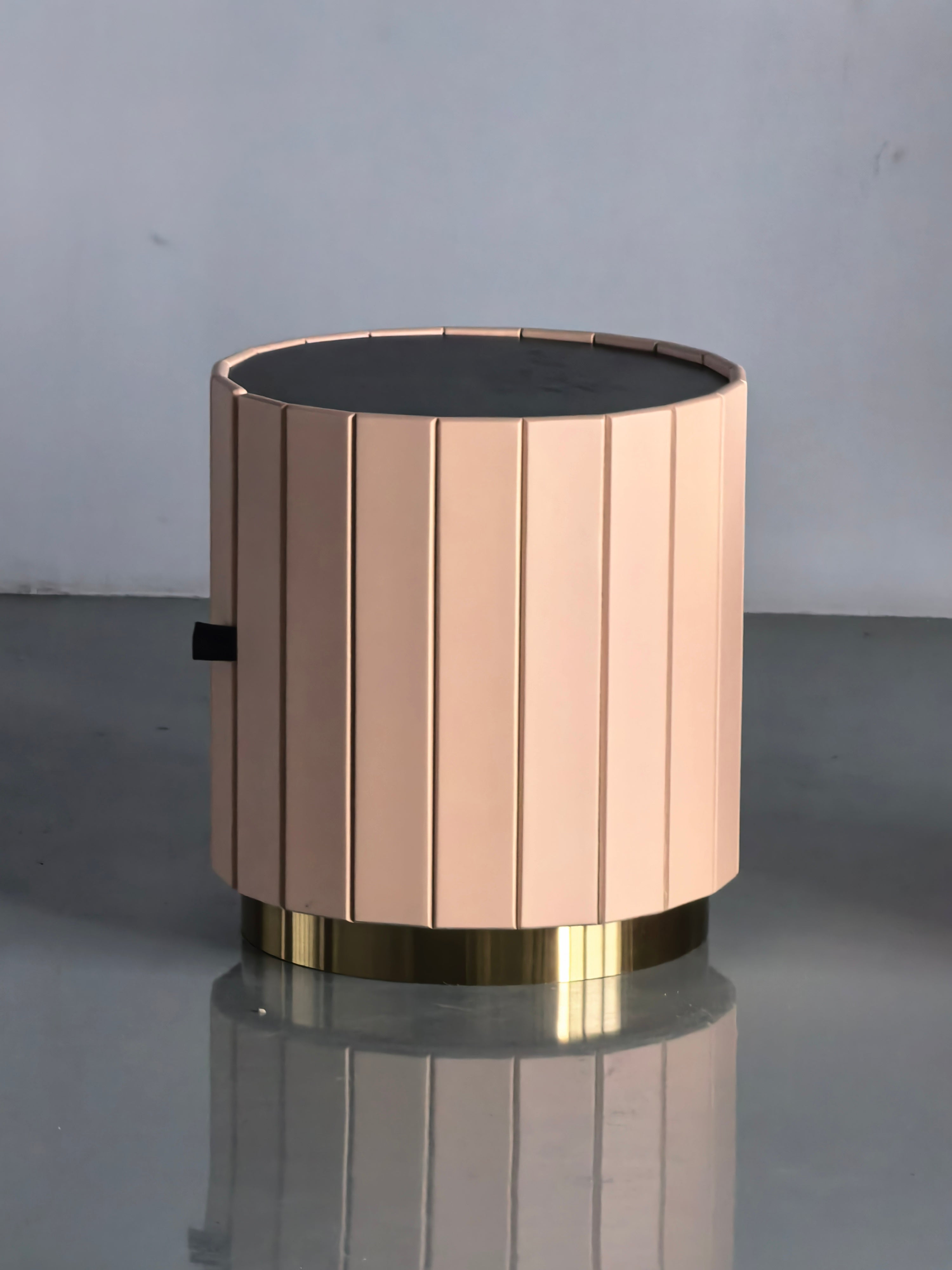 Modern Round Leather Nightstand with Gold Base