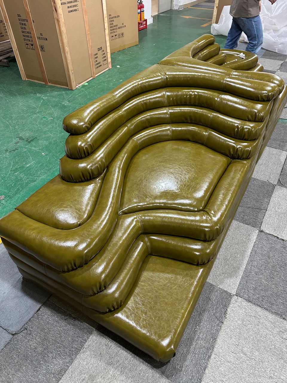 Vintara Design DS-1025 Terrazza sofa, 2-module set, olive green faux leather, sculptural 70s design

