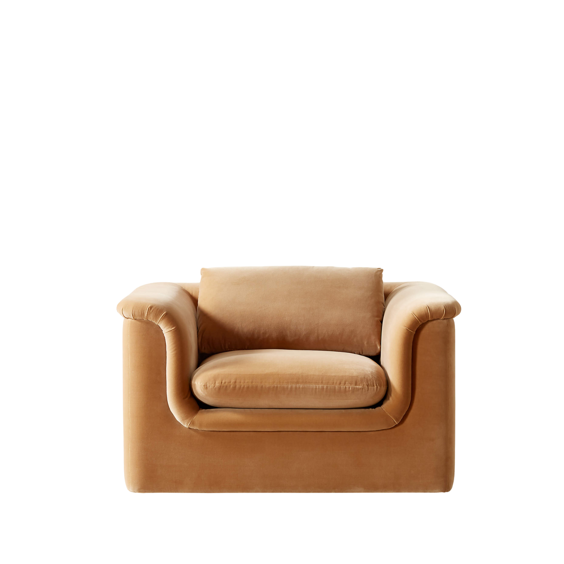 mardones-camel-brown-velvet-lounge-chair-front-view
