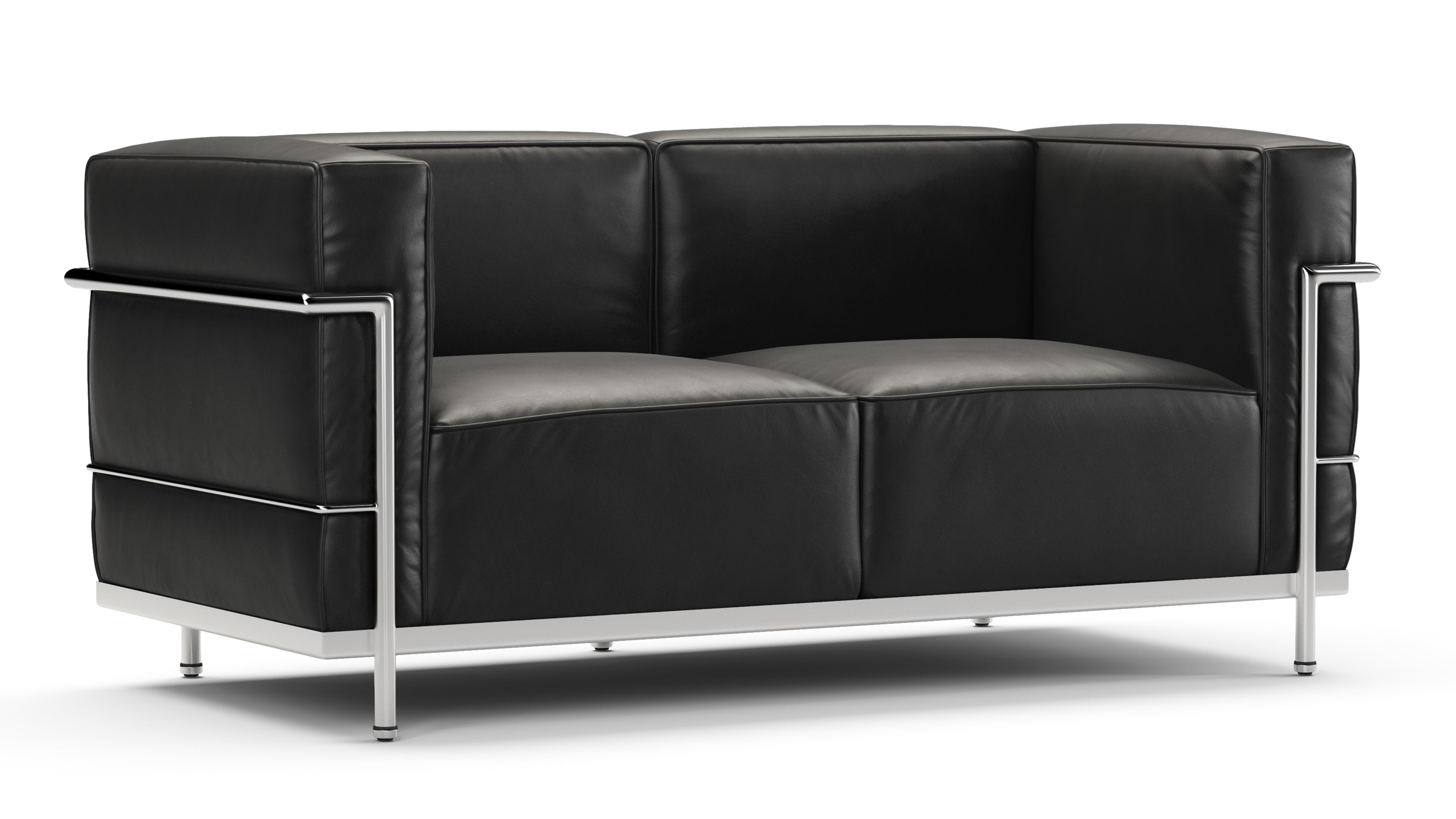 Elegant LE Corbusier style sofa with sleek stainless steel frame and luxurious black leather upholstery.