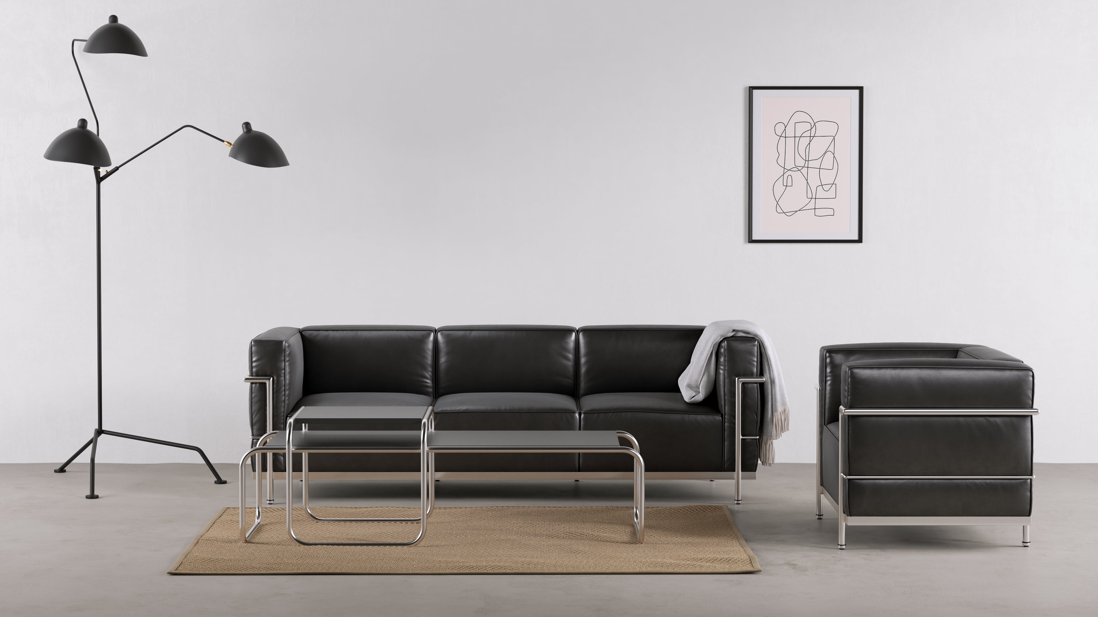 Le Corbusier style sofa featuring resilient foam and genuine down feather for supreme comfort.