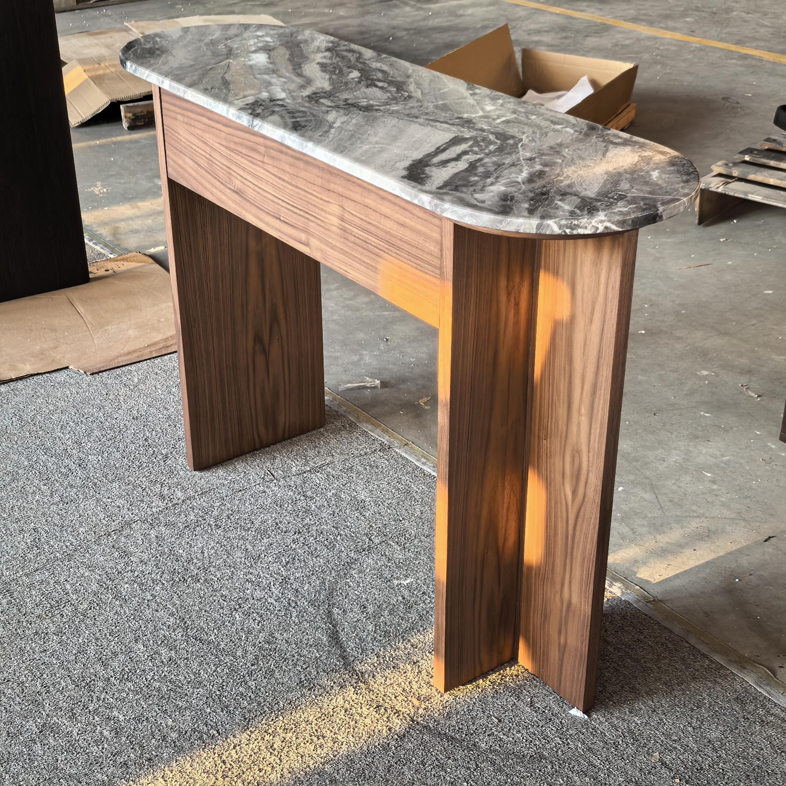 Oval Marble Top Console Table | Dark Walnut Entryway Console with Soft-Close Drawer