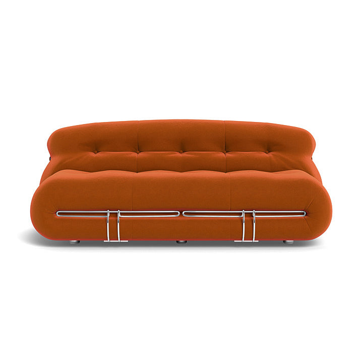 Sophisticated Soriana sofa with visually striking metal vise structure in a cozy corner.