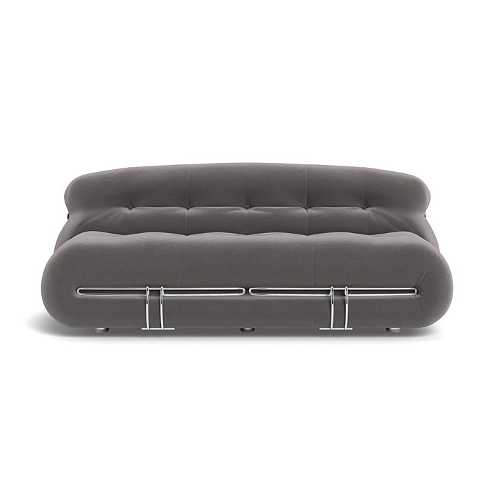 Detail of the Soriana loveseat's unconventional metal structure that binds the components.