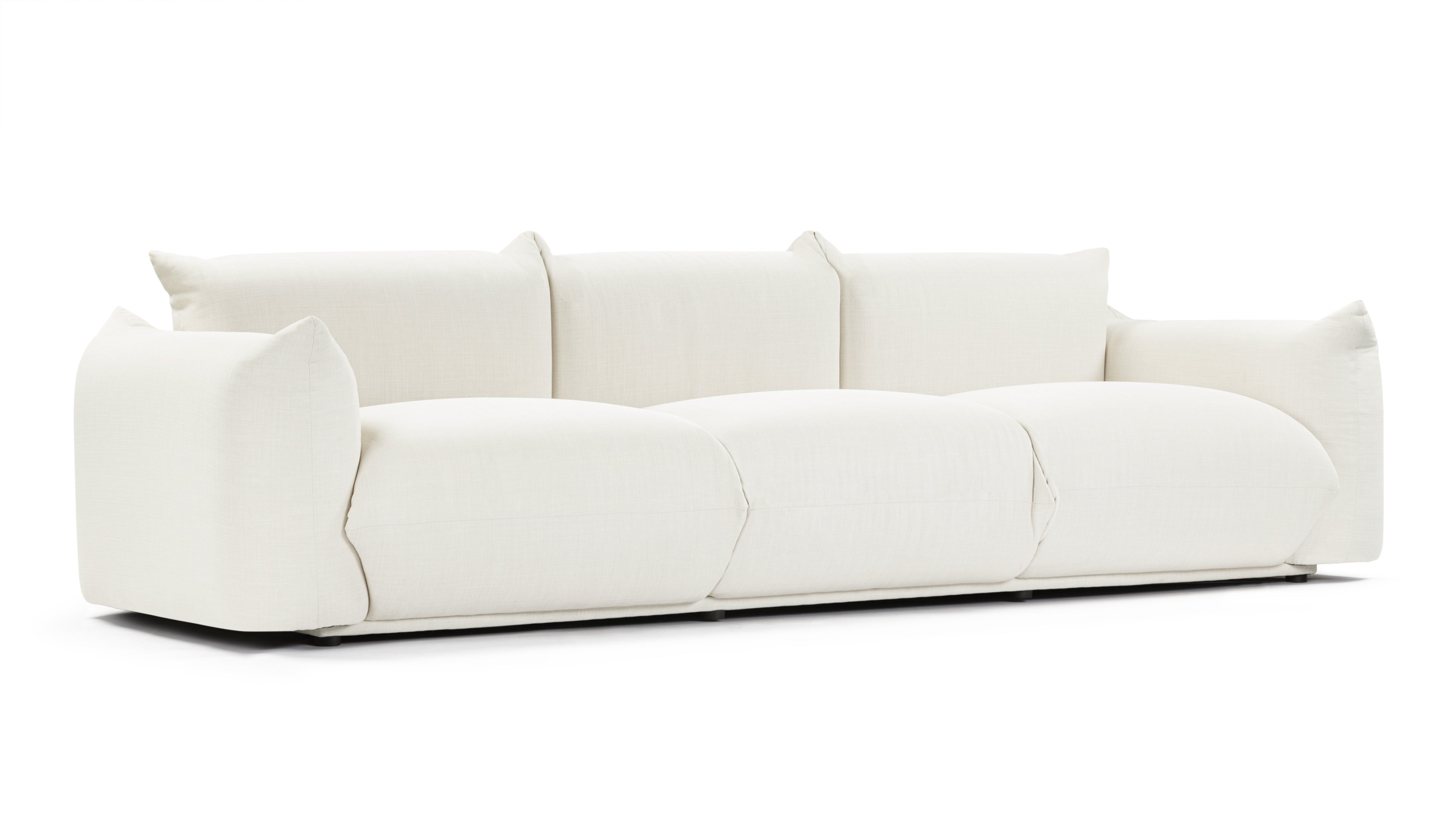 Elegant Marenco sofa with premium linen upholstery and unique cushion mounting system.