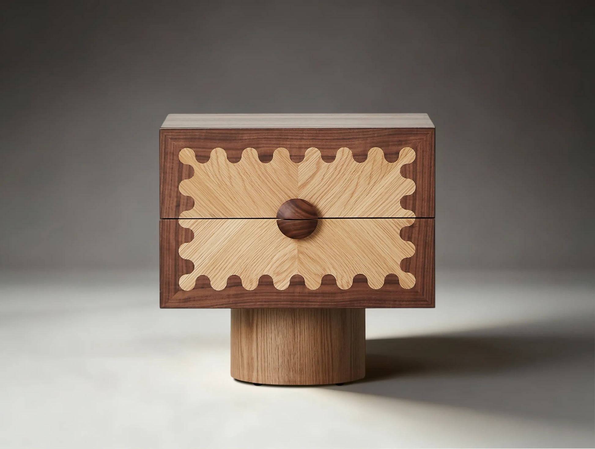 2-Drawer Solid Wood Nightstand with Cylindrical Base
