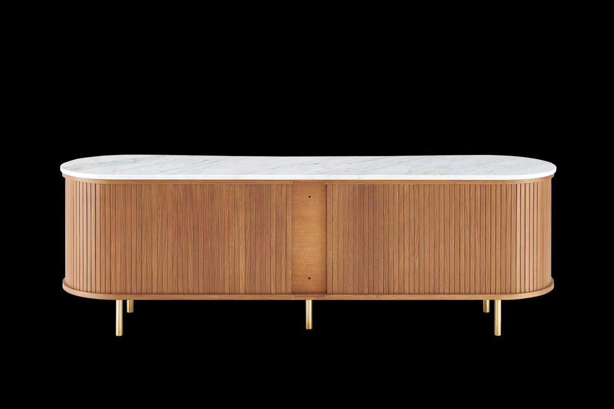 Castlery Harper Style Tamboured Marble TV Stand - Mid Century Modern Curved Wood Slat Entertainment Center &amp; Sideboard Credenza