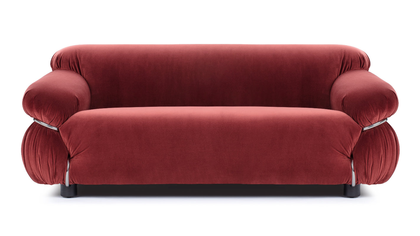 Burgundy velvet Sesann Frattini mid-century modern sofa in a contemporary living room.