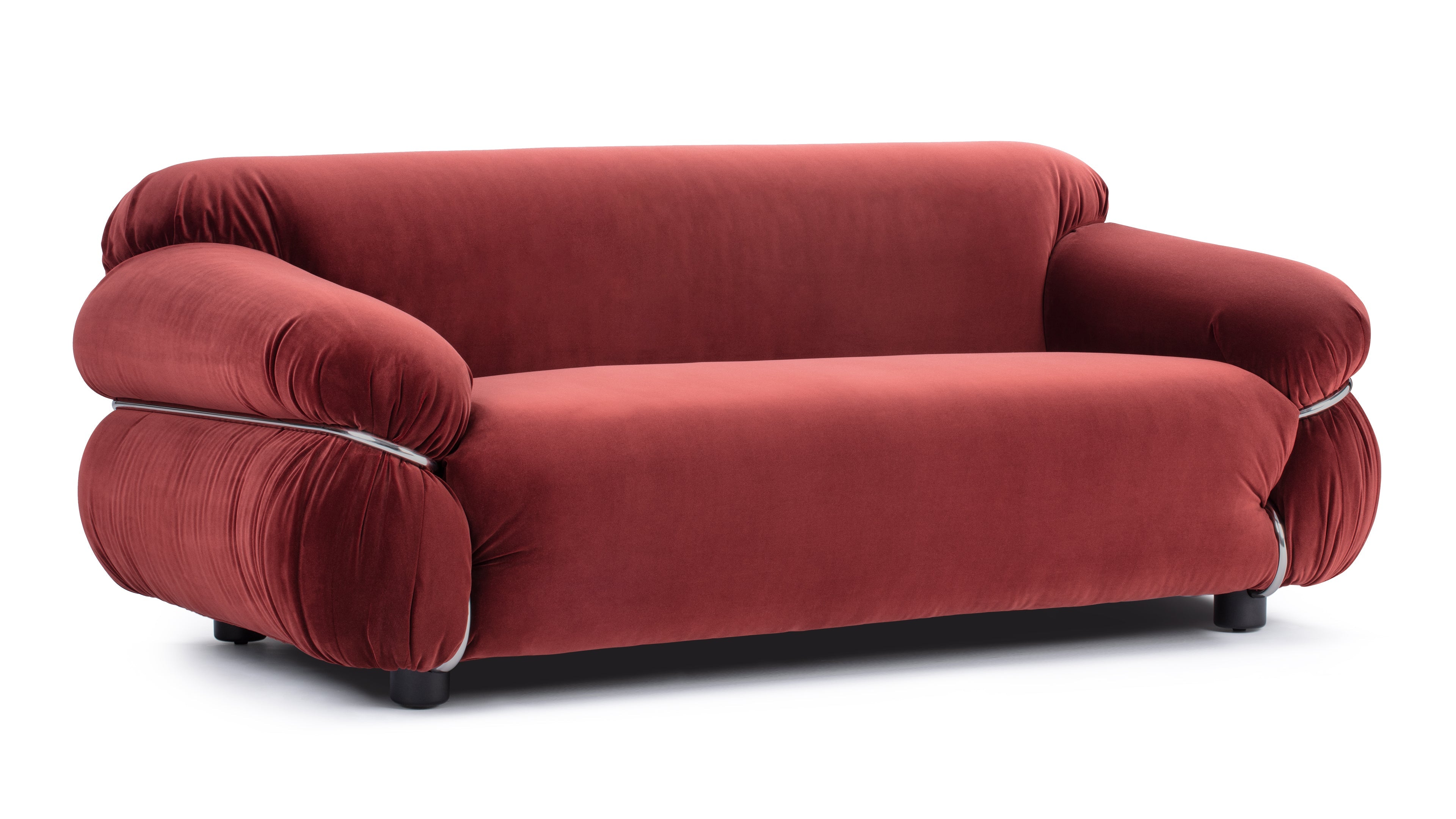 Elegant Sesann sofa with stainless steel frame and burgundy velvet upholstery.