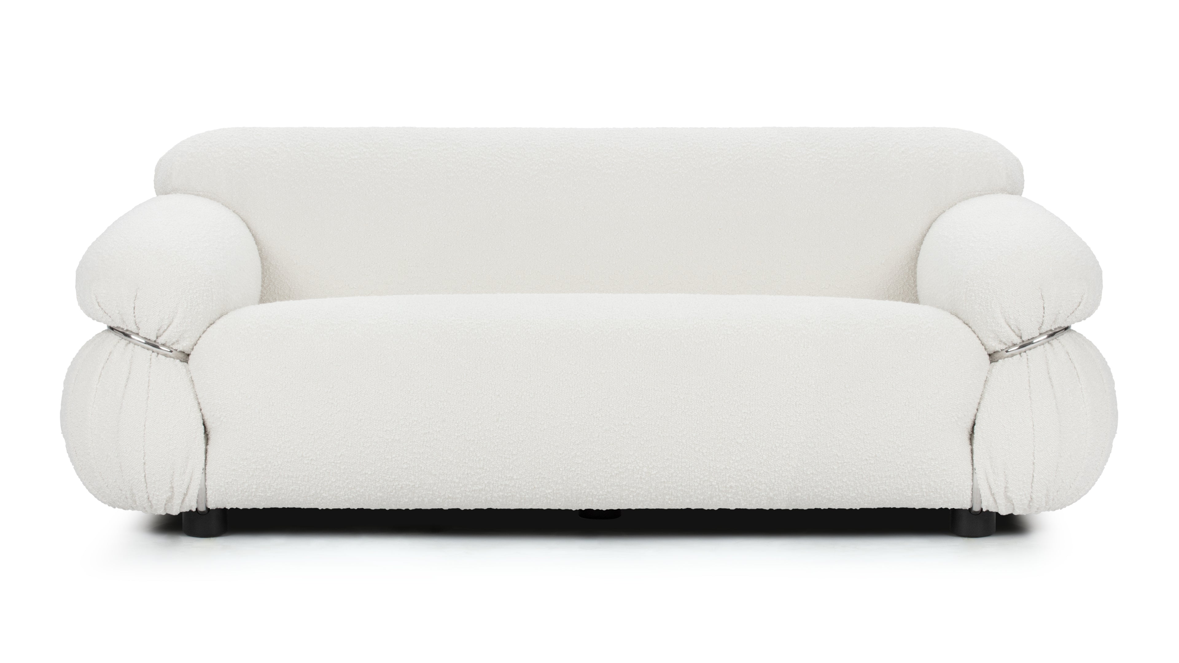 White Boucle Sesann Two-Seater Sofa showcasing mid-century modern design with luxurious comfort