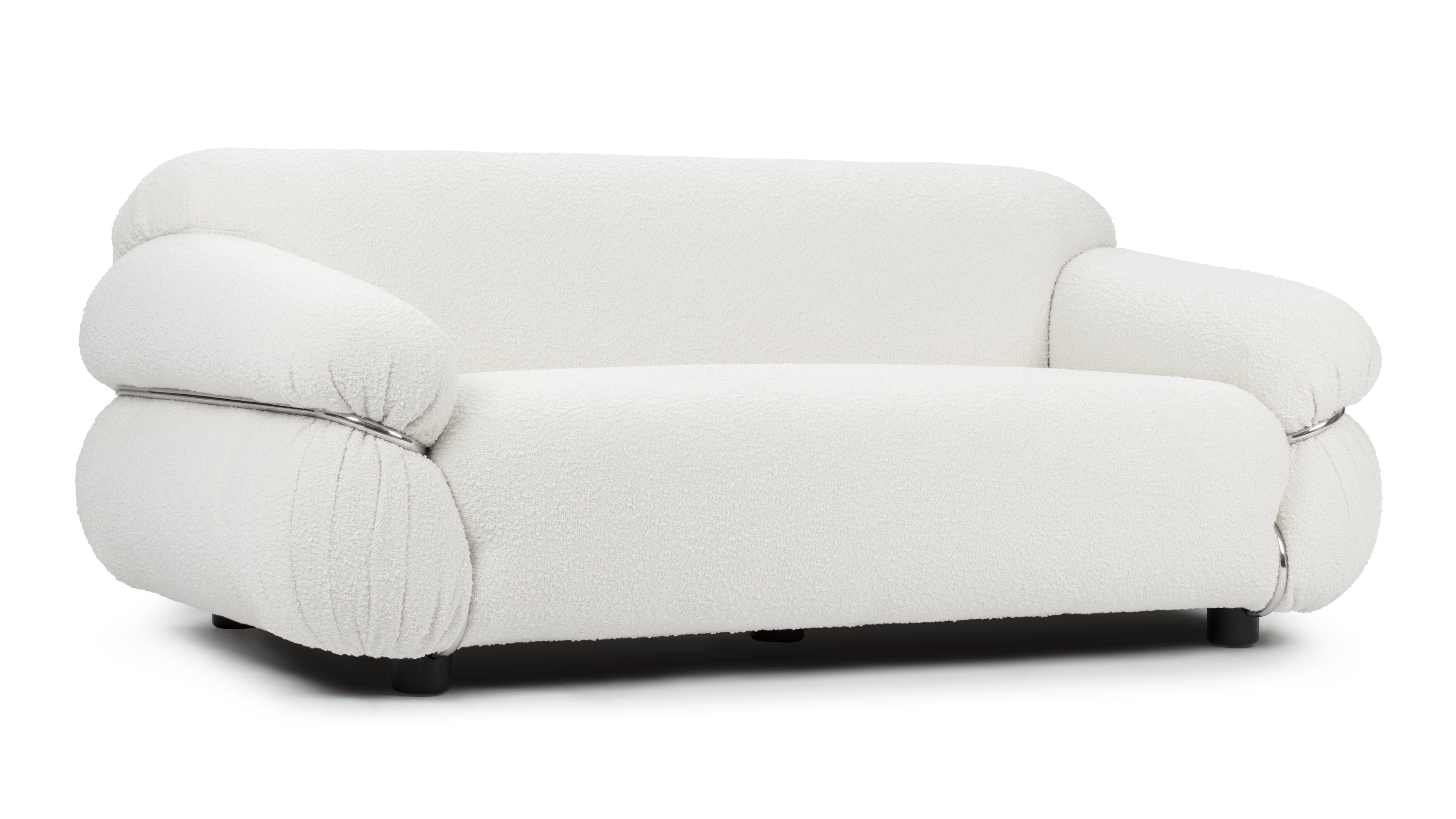 Elegant White Sesann Sofa with plush multi-layer foam cushions and a polished stainless steel frame