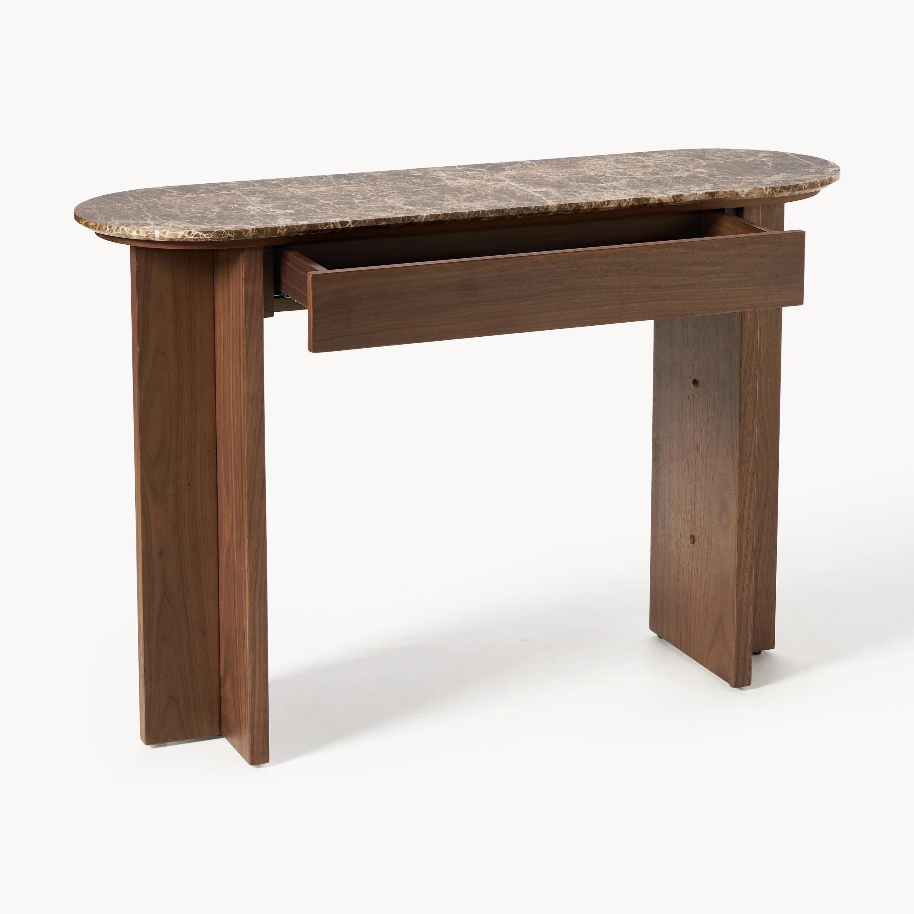 Oval Marble Top Console Table | Dark Walnut Entryway Console with Soft-Close Drawer
