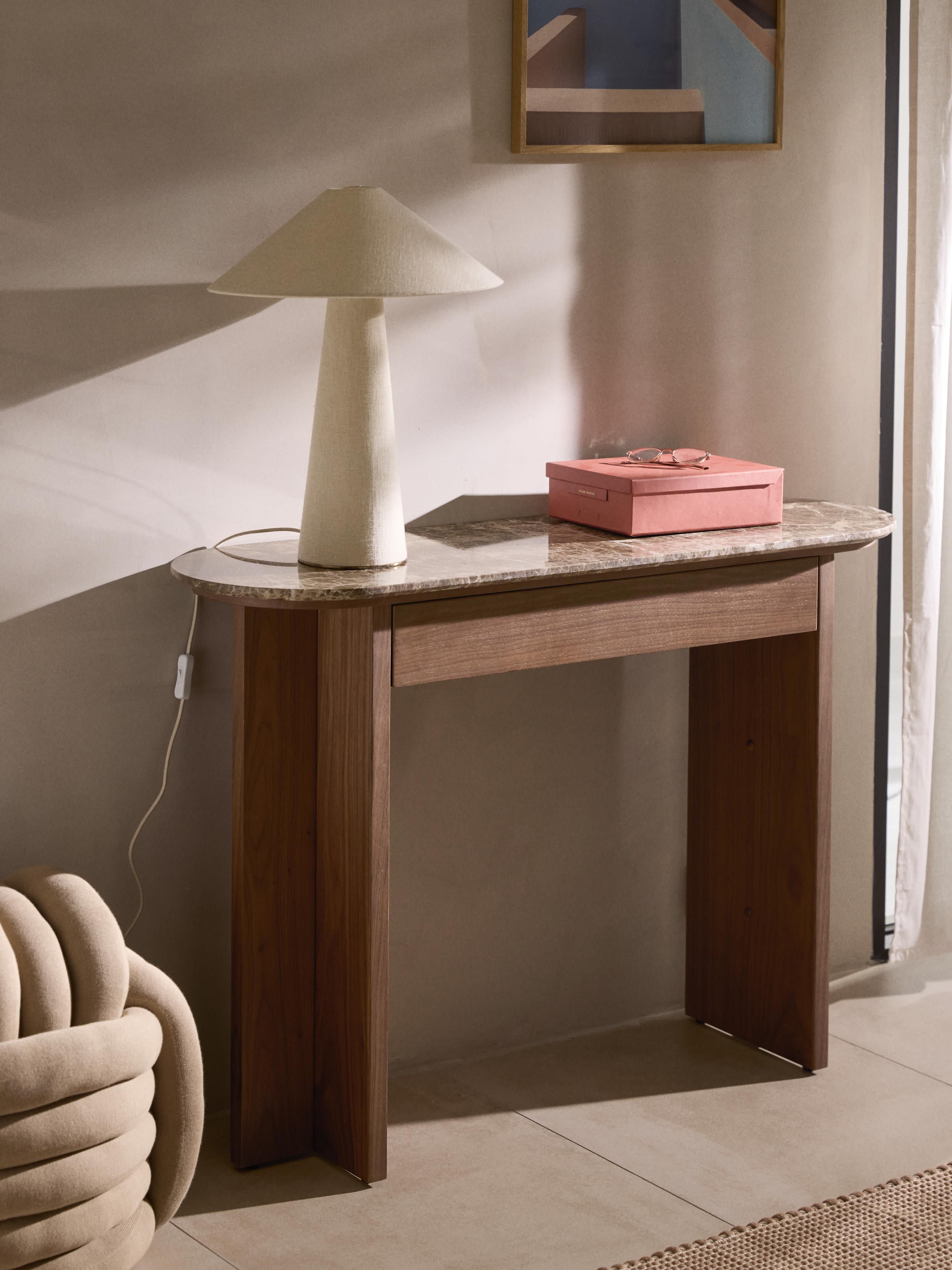 Oval Marble Top Console Table | Dark Walnut Entryway Console with Soft-Close Drawer