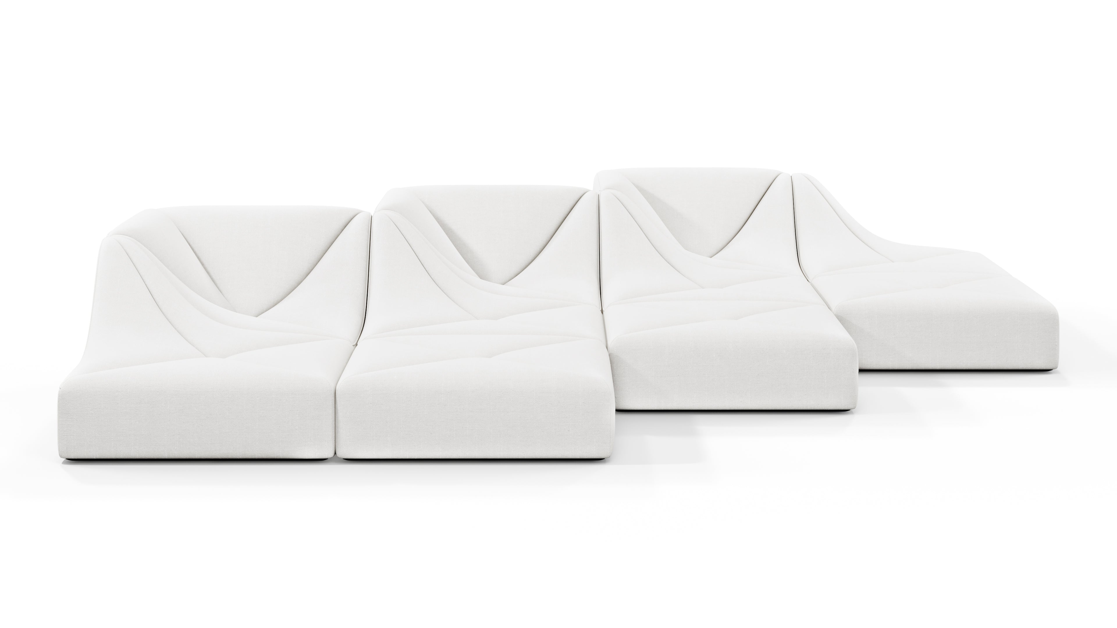 Elegant Dune three-seater sofa with ivory linen upholstery and polished sculptural form, perfect for contemporary interiors.