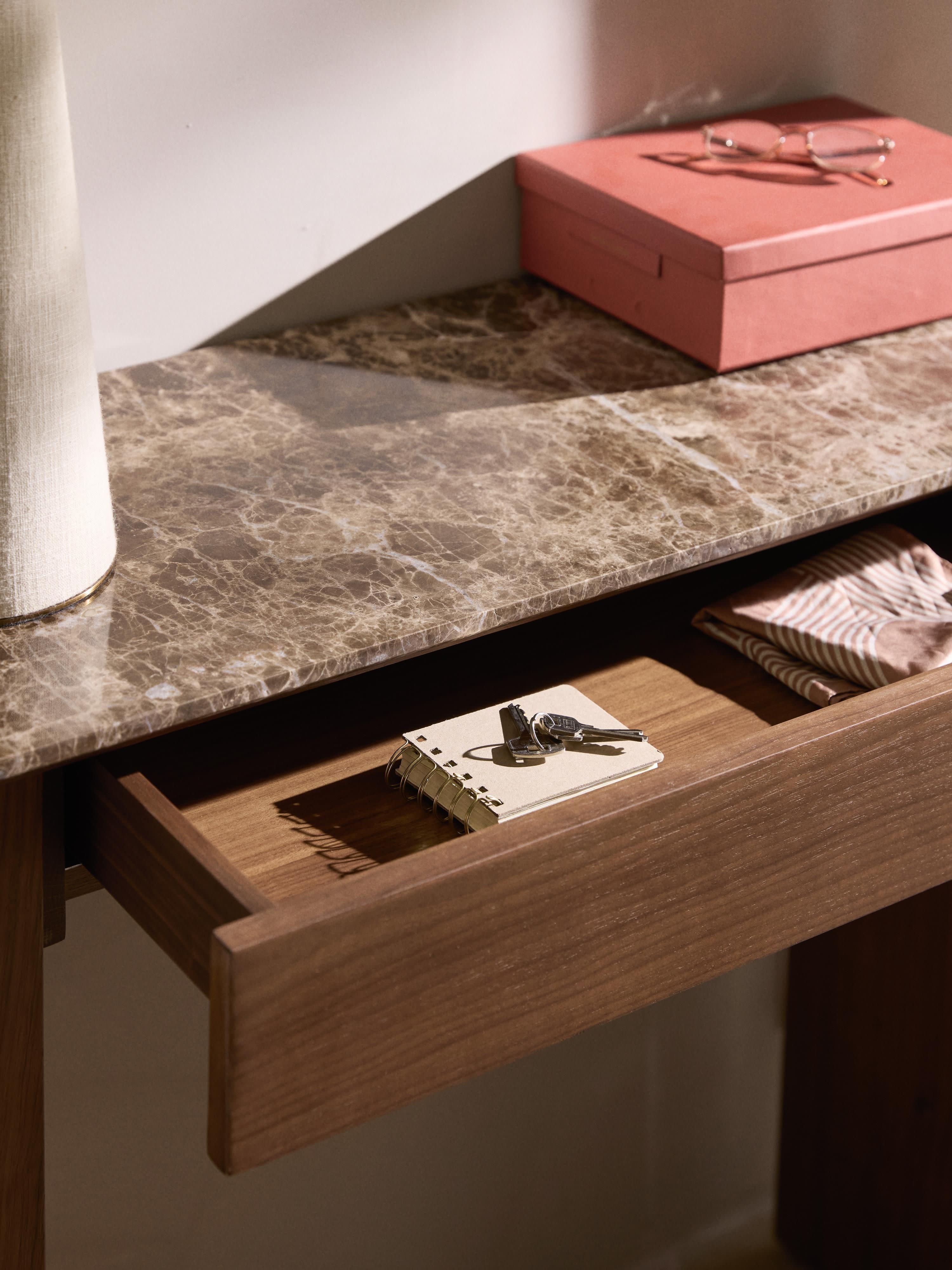 Oval Marble Top Console Table | Dark Walnut Entryway Console with Soft-Close Drawer