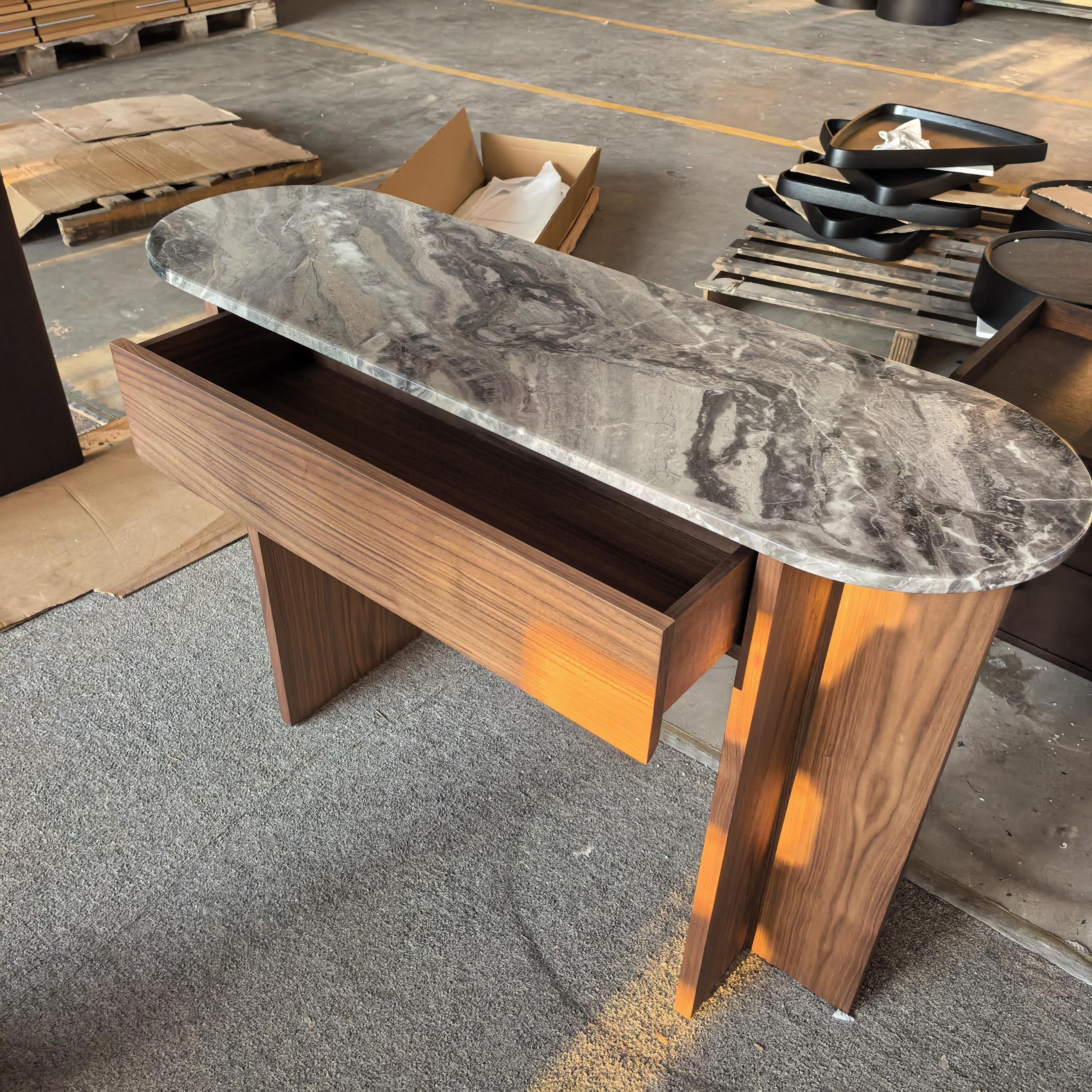 Oval Marble Top Console Table | Dark Walnut Entryway Console with Soft-Close Drawer