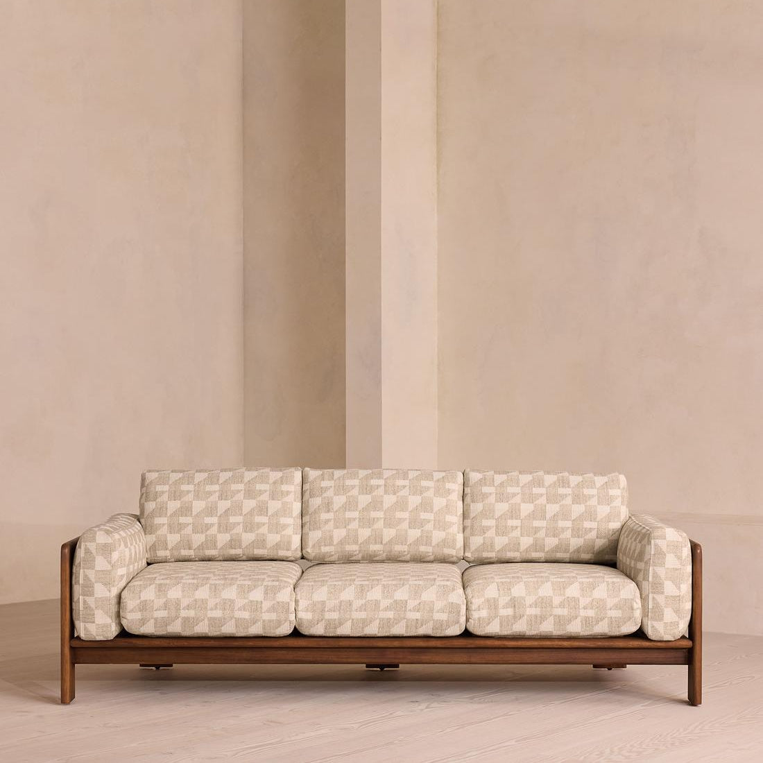 Natural Woven Fabric 3-Seater Sofa with Warm Wood Finish
