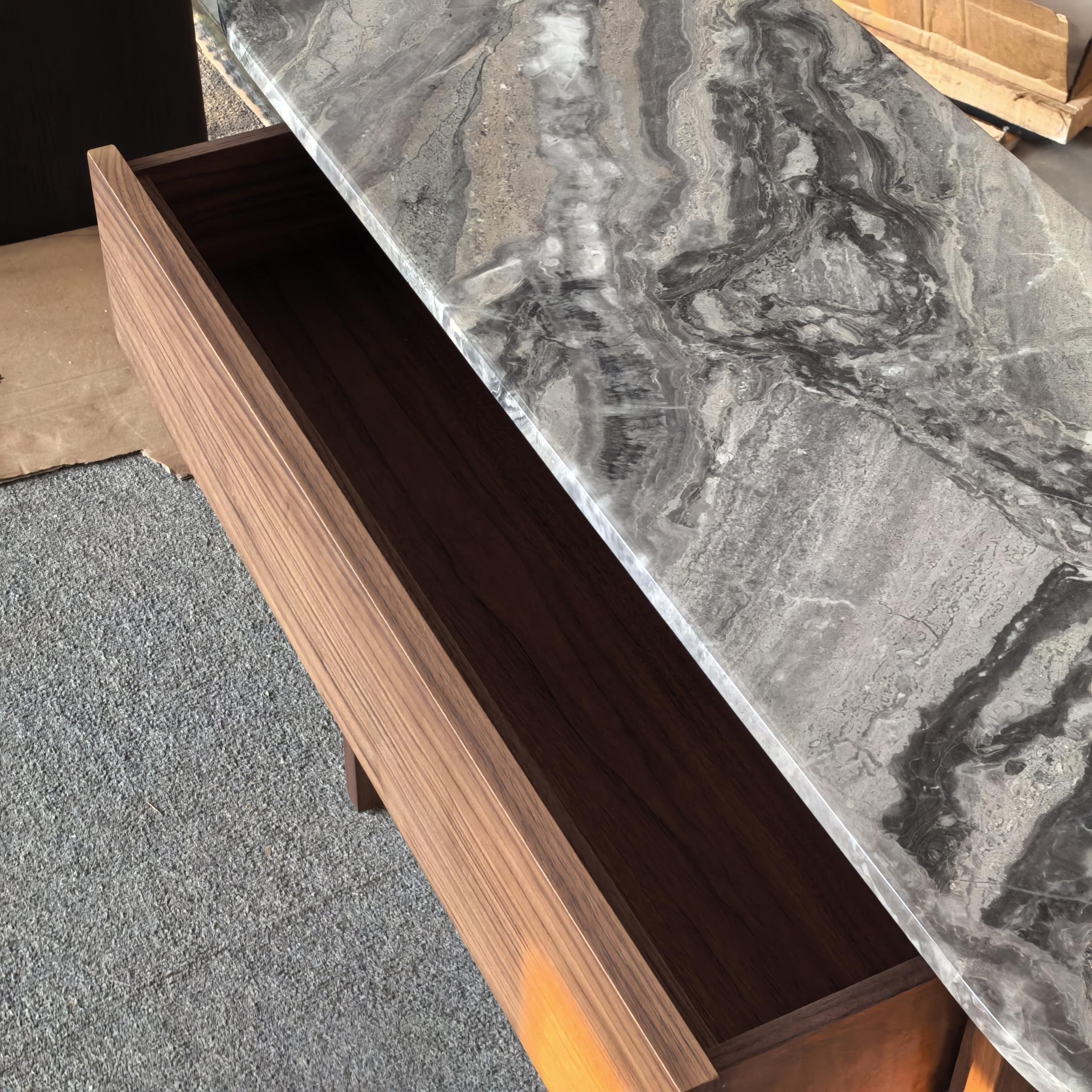 Oval Marble Top Console Table | Dark Walnut Entryway Console with Soft-Close Drawer