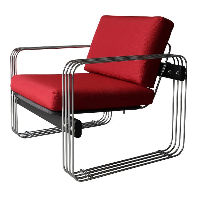 Vintage Ascona Lounge Chair, Polished Chrome Frame with Red Fabric
